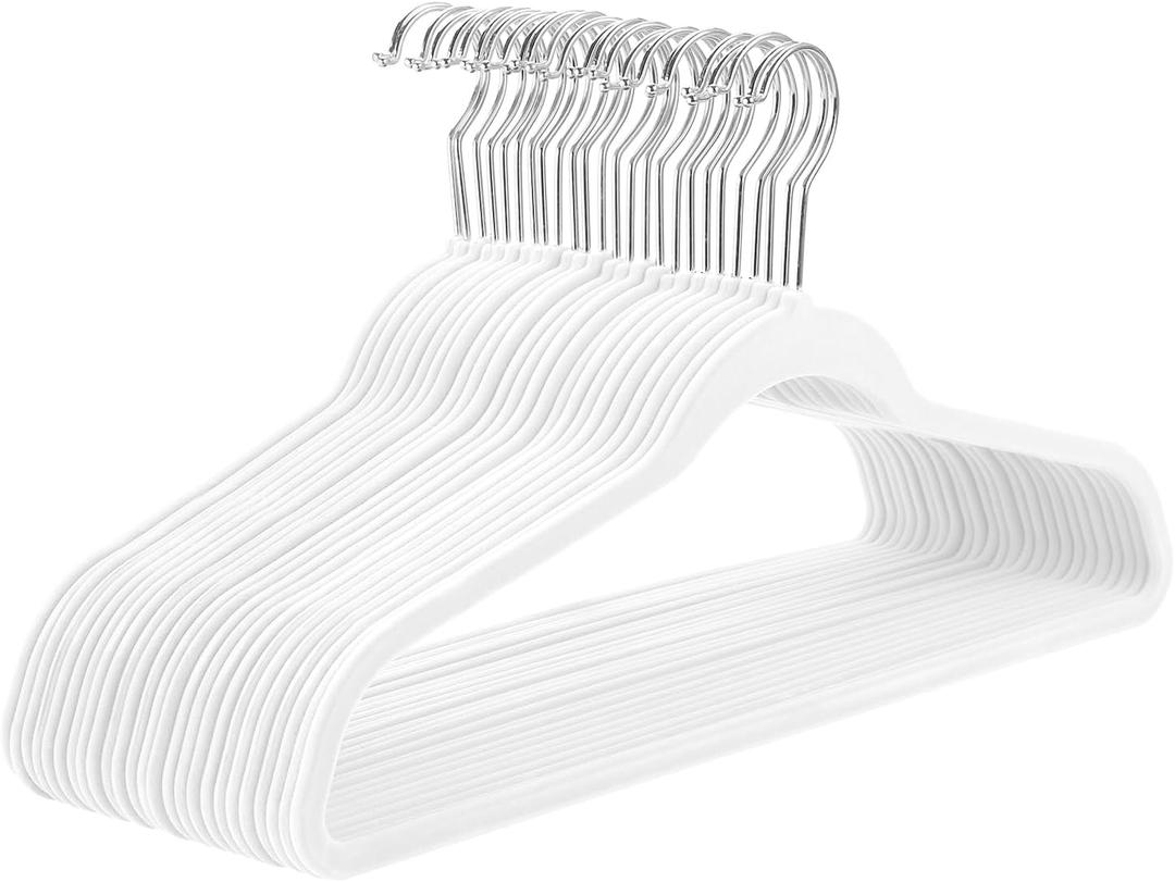 MIZGI White Velvet Hangers 60 Pack,Premium Chrome Clothes Hangers Non-Slip Felt Hangers,Sturdy White Heavy Duty Coat,Durable Suit Hanger for Space Saving, No Flocked Hanger Marks
