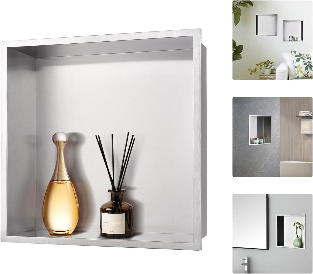 Shower Niche Wall-Inserted: Stainless Steel Recessed Niche No Tile Needed Waterproof for Shower Wall - Bathroom, Kitchen, Living Room - Square Storage Brushed Nickel