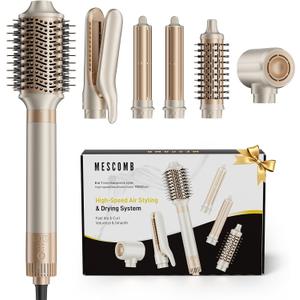 MESCOMB 6 in 1 Hair Dryer and Straightener, Hot Air Styler Wrap - Fast Drying, 1400W Air Dryer with Straightener, Frizz-Free Blowout Brush for Smoothing & Curling, Volumizing