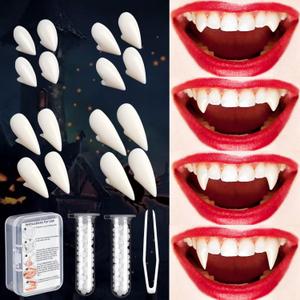 VOVEA Vampire Teeth Fangs, Realistic Vampire Fangs 8 Pairs 4 Sizes Best Value Pack with Adhesive(Practice Needed), Halloween Vampire Accessories Costume Cosplay Fake Vampire Teeth for Adult Halloween (Large 13mm,15mm,17mm,19mm)