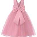 JerrisApparel Girls' Tulle Flower Girl Dress Sleeveless Princess Party Gown for Kids with Pearl Waist Large Bow (5-6 Years, Pink) (Pink)