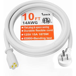 HUANCHAIN 14 Gauge 10 FT Flat Plug Extension Cord White Indoor Outdoor, Heavy Duty 3 Prong Grounded Low Profile Extension Wire Flexible, 15A 1875W 125V 14AWG SJTW, ETL Listed