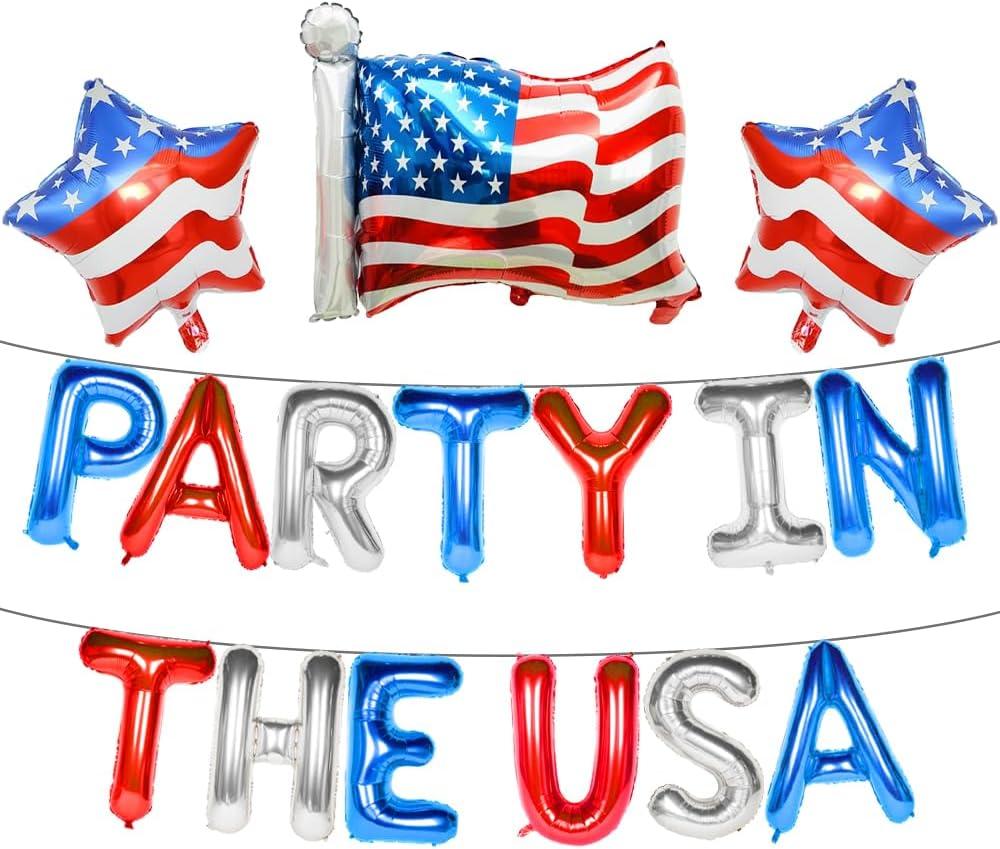 Party in the USA Red White and Blue Balloons, 4th of July Decorations 16 Inch Letter Balloons with American Flag and Star Patriotic Decor for Independence Memorial Veterans Day Home Yard Party Favors