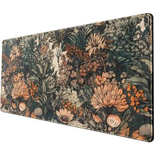 Flower Vintage Desk Pad Aesthetic Desk Mat Flower Mouse Pad Computer Big Mousepad Non-Slip Base Gaming Keyboard Giant Mouse Pad Computer Mat for Laptop Office with Stitched Eges 31.5x11.8 in