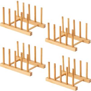 Yuixoseu 4 Pcs Bamboo Wooden Dish Rack, Plate Organizer for Cabinet Space Saver and Kitchen Counter, Bowl/Cup/Pot Lid/Cutting Board Drying Holder (4 Slots)