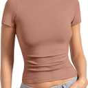 Womens Basic Non See ThroughT Shirts Crew Neck Crop Tops Double Lined Short Sleeve for Workout Compression Tee Y2K (XS)