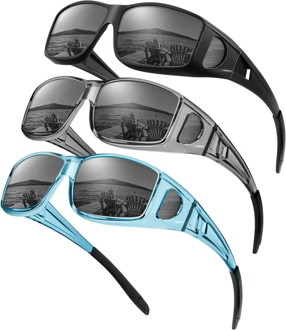 KALIYADI Sunglasses Fit-Over-Glasses Polarized Sunglasses-Men: Wrap Around Sun Glasses Womens with UV Protection for Driving (B-matte Black/Grey + Transparent Grey/Grey + Transparent Blue/Grey)