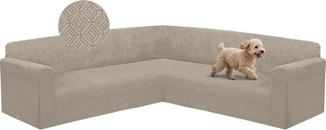 HDCAXKJ Sectional Couch Cover L Shape Stretch Sofa Covers Washable Jacquard Corner Couch Slipcover Non Slip Sectional Slip Cover U Shaped Furniture Protector for Pets Dogs (Light Khaki, Large)