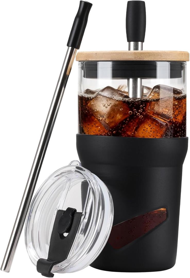 Glass Tumbler with Lids and Straws, 20 oz Iced Coffee Cup and Smoothie Cup with Bamboo Lid and On the go Lid,Glass Cups With Straws (Black)