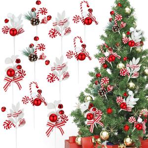 20 Pcs Christmas Red and White Picks 10'' Peppermint Christmas Decorations Curly Candy Cane Picks Ornaments Vintage Pick with Bells Jingle Candies on Sticks for Xmas Vase Filler Tree Wreath