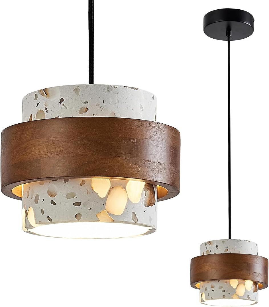 Modern Translucent Stone Pendant Light Fixture,Terrazzo Pendant Lights Kitchen Island with Wood Accent Hanging Light for Dining Room Living Room Bedroom Cafe (1-Pack)