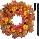 24 Inch Thanksgiving Fall Wreath, Autumn Wreaths for Front Door Halloween Wreath with Pumpkin Red Lantern Fruit Maple Leaves for Home Outside Indoor Wall Window Festival Fall Decorations