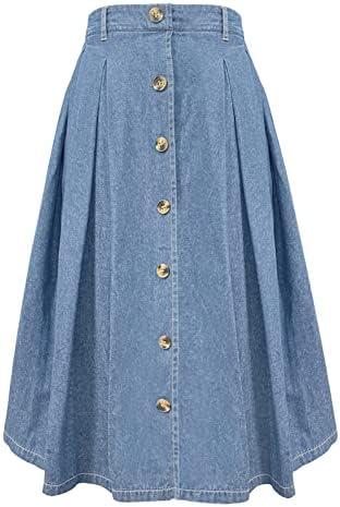HERBATOMIA Pleated A-line Midi Skirt Elastic Waist Button Front Casual Flared Long Skirts with Pocket for Women, L