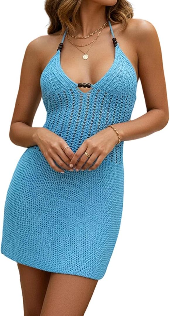 Women's Halter Bodycon Mini Dress Sleeveless Tie Backless Hollow Out Corset Knit Wrap Beach Dress Summer 2026 (Blue, L)