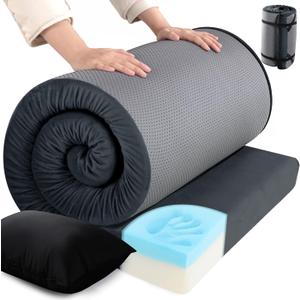 HOMBYS 3 INCH Memory Foam Camping Mattress with Portable Pillow for Outdoor Sleeping, Roll Up Mattress Topper Pad Mat for Travel Truck Bed Tent (Dark Grey)