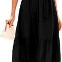 BTFBM Women Summer Bohemian Floral Casual Wrap V Neck Ruffle Cap Sleeveless Belt A-Line Pleated Hem Swing Midi Sun Dress (Solid Black, Small)