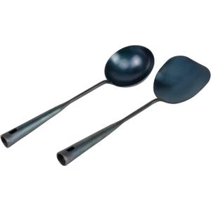 ZhenSanHuan Chinese Traditional HandMade Iron Spatula & Ladle Wok Tool Set,Long wok utensils (Ladle and Spatula Set, 32CM/12.6'')