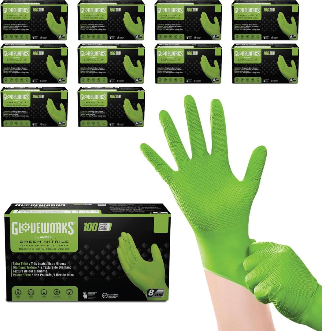 GLOVEWORKS HD Green Nitrile Gloves, 8 mil Nitrile Gloves Medium-XXL Sizes, Nitrile Disposable Gloves with Raised Diamond Grip (X-Large (10 Boxes of 100))