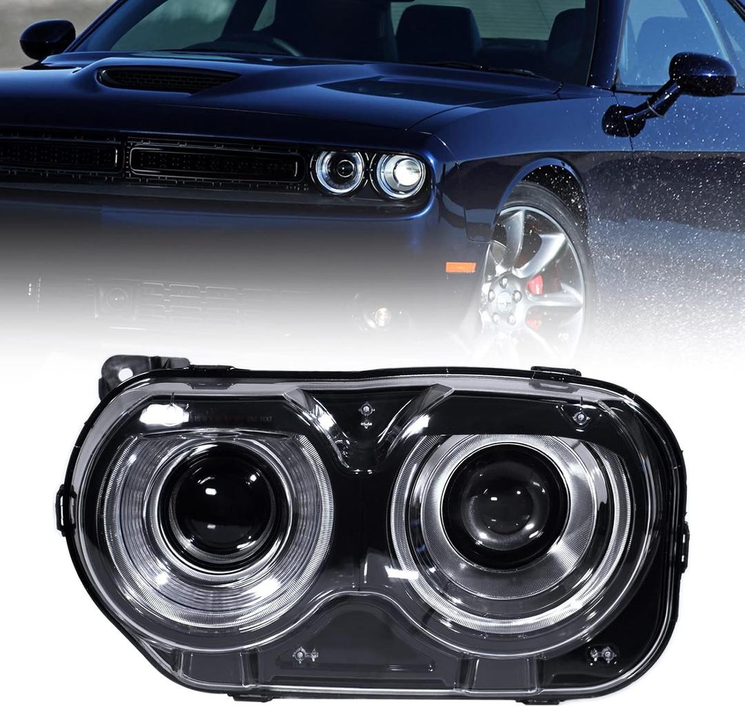 FIONE - For Dodge Challenger Headlight Assembly 2015 2016 2017 2018 2019 2020 2021 Black Housing Halogen Headlamps Replaceable Left Driver LH Side Headlights 68174065AF CH2502267
