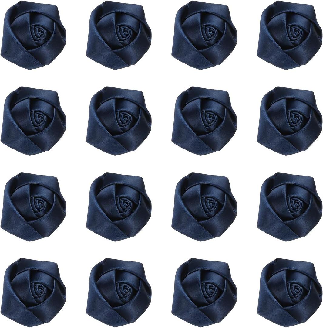 MECCANIXITY 16 Pcs Ribbon Roses, 2 Inch Lapel Pin for Men Satin Ribbon Flower Rose Artificial Fabric Flowers for DIY Crafting Accessories Wrapping Wedding Gift Decoration, Navy Blue