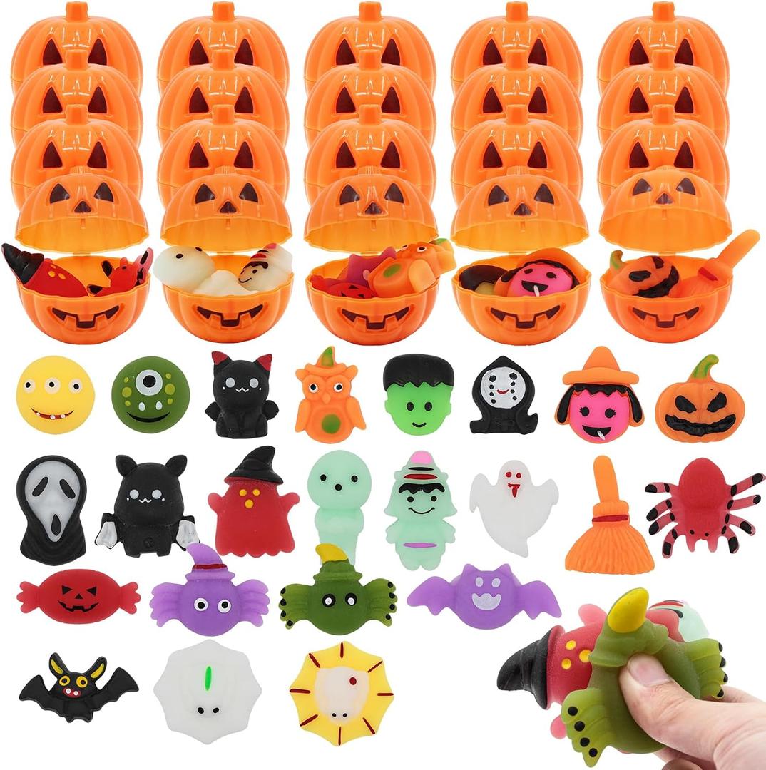 Halloween Party Favors for Kids 24 Pumpkin Shells & 24 Halloween Squishes Bulk Squishy Toys 48PCS Halloween Goodie Bag Fillers Classroom Prizes Gifts Stress Reliever Anxiety Sensory Fidget Toys