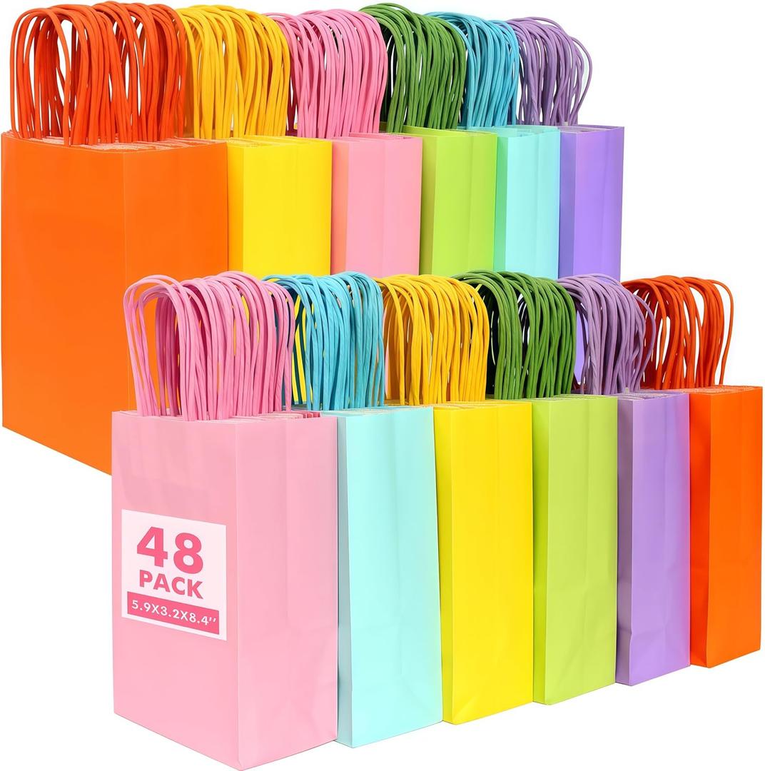 DechoPak Small Paper Bags with Handles, 48Pcs Gift Bags with Handles for Kids, 5.9"x3.2"x8.4" Rainbow Bags Birthday Party Favor Goodies Bag Bulk for Children School Events Classrooms Celebrations
