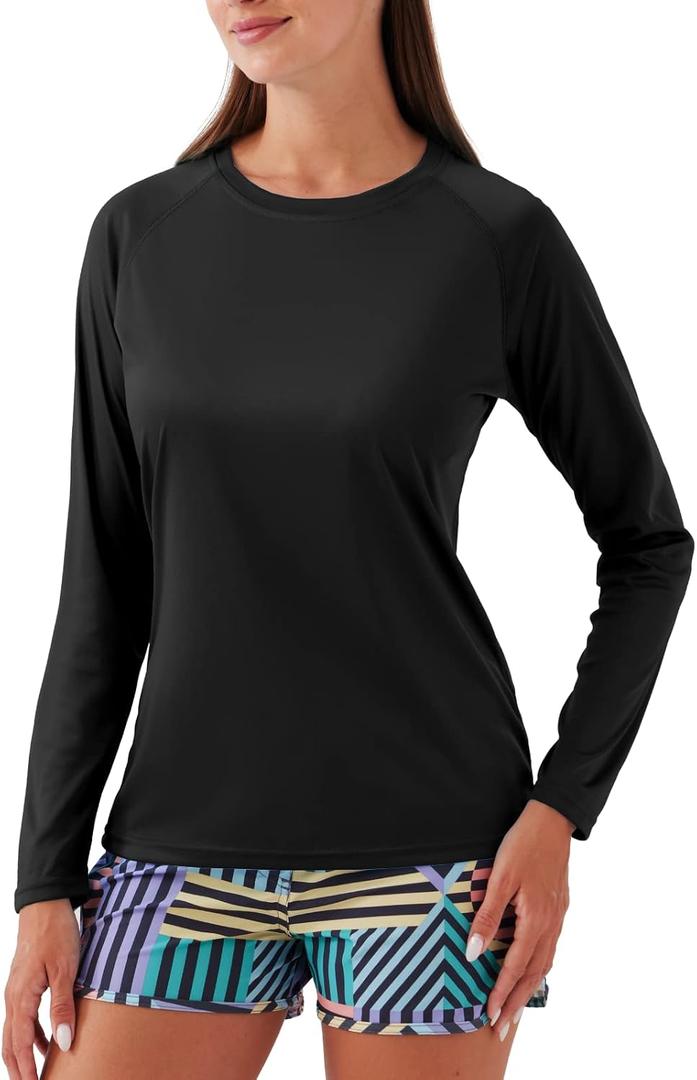 NAVISKIN Women's UPF 50+ Sun Protection Long Sleeve Shirts Rash Guard Shirts Quick Dry Lightweight Hiking Shirts (Black, XXL)