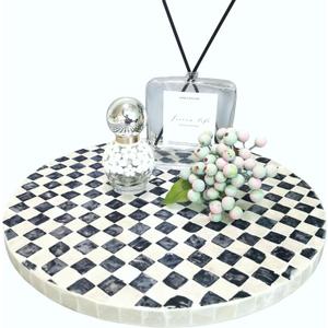 Lazy Susan Organizer, Bohemian Checkered Pattern with Mother of Pearl, 12 Inch Rotating Tray for Farmhouse Kitchen, Spice Rack, Coffee Table Centerpiece (Black & White)