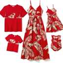 PATPAT Family Matching Outfits Mommy and Me Dresses Hawaiian Tropical Vacation Beach Spaghetti Strap Dress and Shirt (X-Large, Ruby Red)