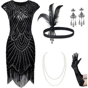 BABEYOND 1920s Flapper Dresses Set 20s Great Gatsby Dress 1920s Fringed Dress with Accessories Set (X-Large)