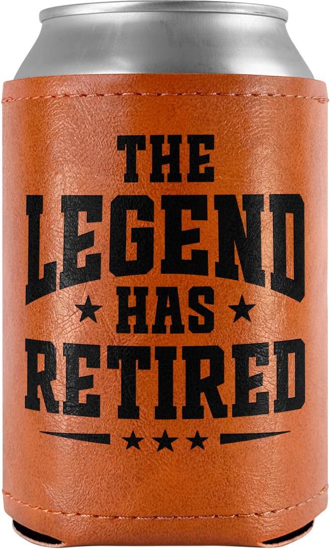 Retirement Gifts for Men 2025 - Gifts for Men, Him, Dad, Husband, Grandpa - The Legend Has Retired Leather Can Cooler Sleeves Holder 12Oz - Best Retirement Gifts for Coworkers