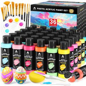 52 Pcs Pastel Acrylic Paint Set with 12 Brushes, 2 Knives & Palette, 36 Colors (2oz/60ml) - for Adults, Kids, Artists & Beginners - Canvas Ceramic Rock Wood Egg Painting Kit