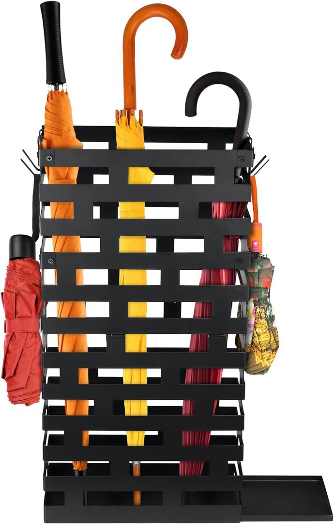 Invech 23 Inch Umbrella Holder for Indoor Entryway, Large Metal Umbrella Stand with Removable Water Tray and Hooks, Umbrella Rack Storage for Home, Office, Hotel (Black)