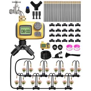 66FT Drip Irrigation System with Timer, Automatic Watering System Kit with Solid Brass Metal Connectors, 360 DualOutlet Adjustable Nozzles for Garden, Yard, Lawn, Greenhouse & Potted Plants