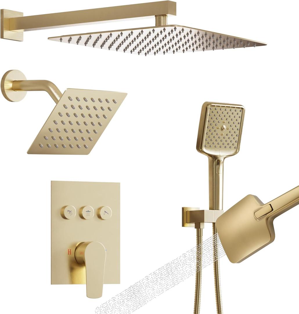 MONDAWE 12 Inch Wall Mounted Brushed Gold Shower System, 3-Function Shower Faucet Set with Rainfall Dual Shower Head and High Pressure 4-Setting Handheld, All Functions Can be Used At the Same Time