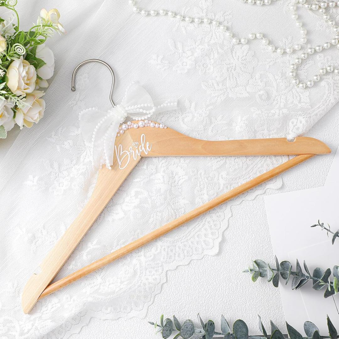 Yuntau Bride Wedding Dress Pearl Mrs. Hanger with Pearl Ribbon Bow Elegant Wooden Dress Hanger to Be Ideal Keepsake for Wedding Day Gift(Brown,Bride)