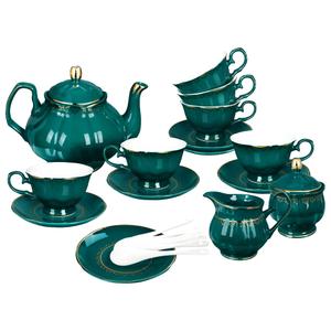fanquare 21 Piece Vintage Porcelain Tea Set, Green with Gold Trim Fine China Tea Sets for Party, Teapot with Tea Cup and Saucers Set for 6, Christmas Gifts