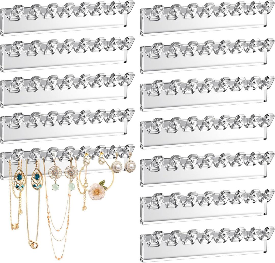 12Pcs Self-Adhesive Necklace Organizer, Necklace Holder Wall Mounted, Hanging Jewelry Organizer with 8 Hooks for Necklaces, Bracelets, Rings, Earrings and Jewelry Display (3.7inch Long)