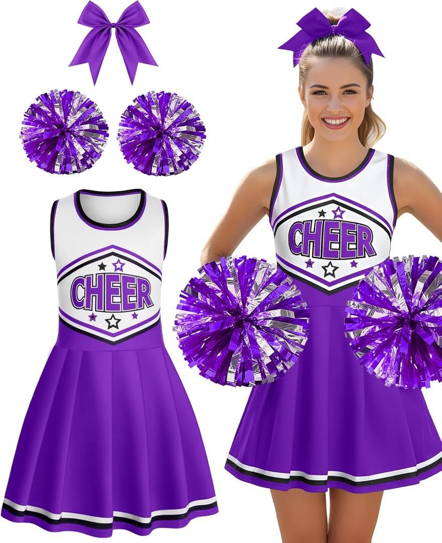 JenPen 3 Pcs Halloween Cheerleader Costume for Women Adult Cheerleader Outfit Set Cheerleading Uniform Dress for Party (Large, Purple)
