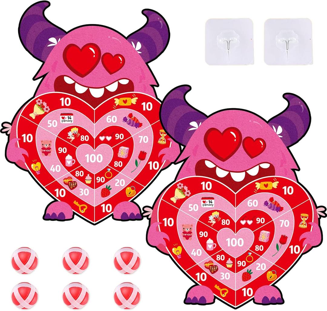 chiazllta 2Pcs Valentine's Day Dart Board Sticky Balls Toys Games Cartoon Monster Darts with 6 Sticky Balls Valentines Dart Board Game for Kids Indoor Outdoor Sports Classroom Gifts Party Games