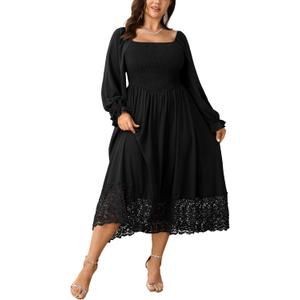 Women's Plus Size Maxi Dress Long Sleeve Square Neck Smocked Flowy A-Line Lace Trim Wedding Guest Dresses, 2XL