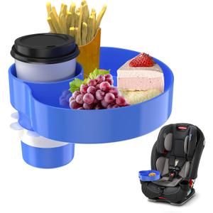 2 x Kids Car Seat Tray, Travel Tray with Cup Holder for Toddler Baby, Kids Car Seat Food Snack Organizer for Road Trip, Stroller snack tray travel must haves - Blue