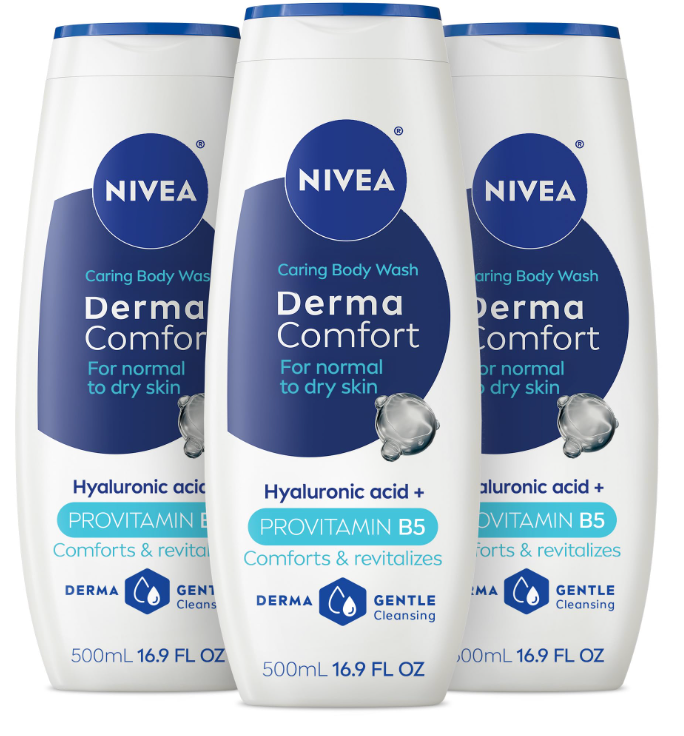 NIVEA Derma Comfort Caring Body Wash for Sensitive Skin, Body Wash with Hyaluronic Acid and Vitamin E, 16.9 Fl Oz Bottle, Pack of 3