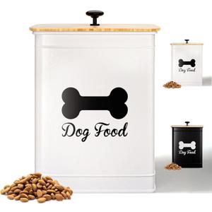 Dog Food Container Airtight 5-7 lb (25 Cup) Capacity - Cute Airtight Dog Food Storage Container with Bamboo Lid & Sturdy Metal Handle - White Metal Kibble Storage Bin for Dogs up to 50 lbs - Pet Jar (White)