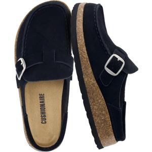 CUSHIONAIRE Hobby Genuine Leather Suede Mule Clogs for Women with Buckle Strap and Cork Footbed, Supportive All-Day Comfort in Womens Shoes (7 Wide, Black)