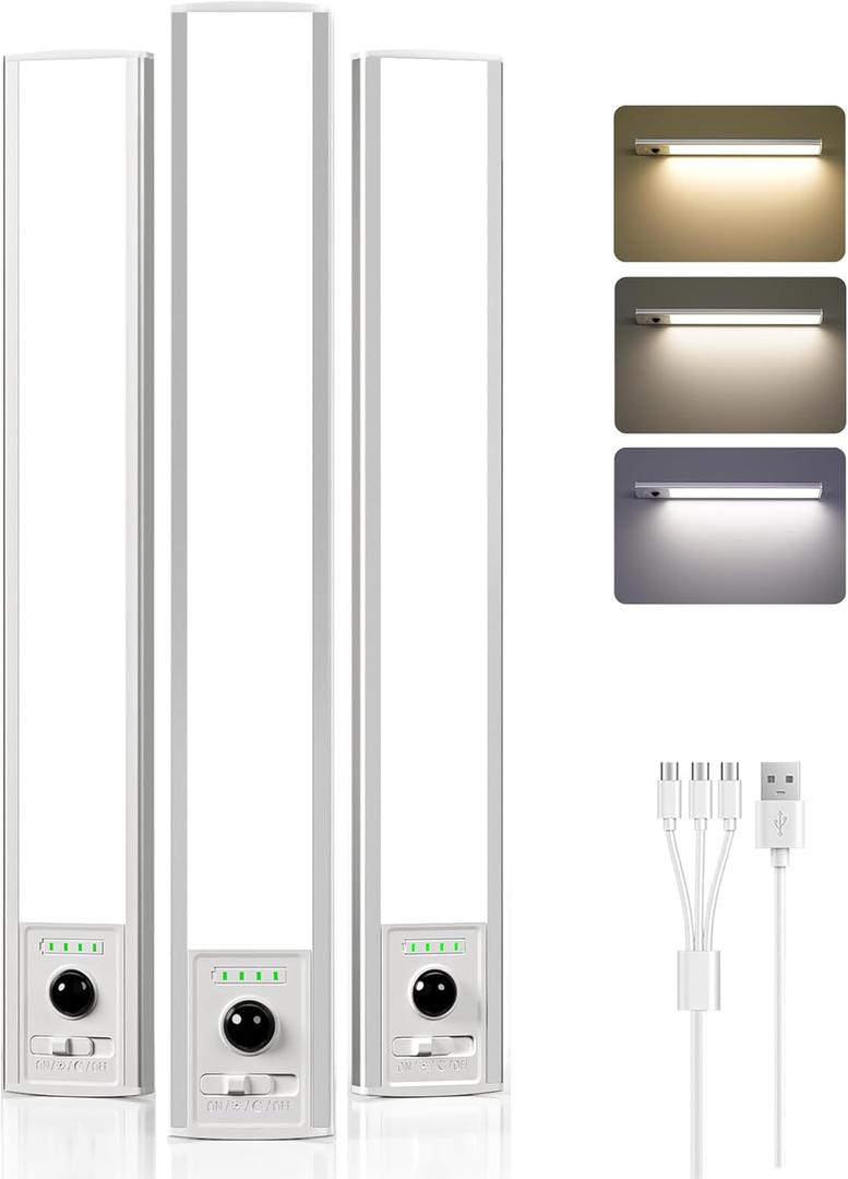 EZVALO 12inch Under Cabinet Lighting Wireless with Battery Indicator, 2500mAh Rechargeable Motion Sensor Light Indoor, 96 LED Under Counter Lights for Kitchen Closet, 3 Color Temps, Dimmable, 3 Pack