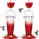 Kingsyard 2 Pack Glass Hummingbird Feeders for Outdoors Hanging, Wild Bird Nectar Feeder with 6 Feeding Ports, 24 oz Leak-Proof, Red Gradient (Ant Moat Included)