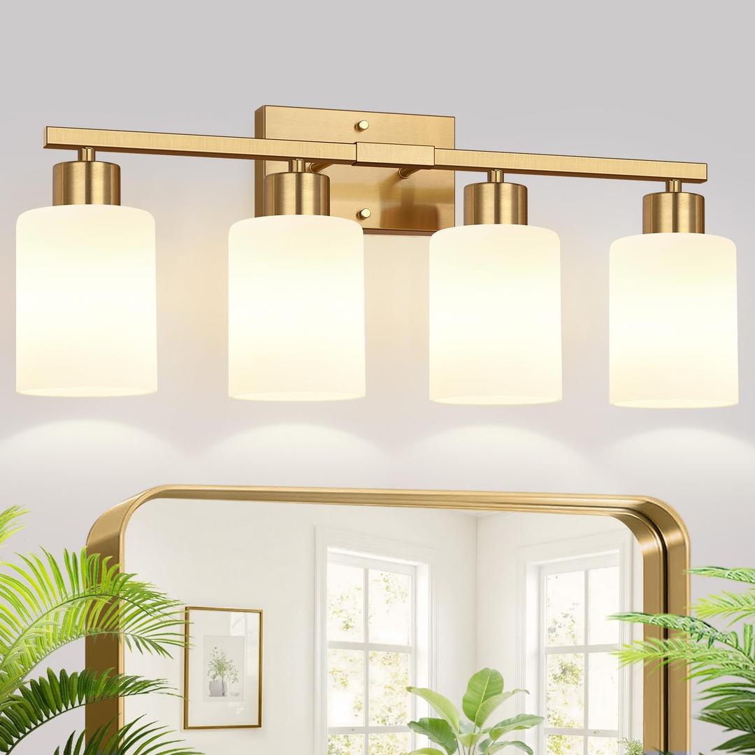 4-Light Bathroom Light Fixtures, Brushed Gold Vanity Light with Milky White Frosted Glass Shades, Modern Bathroom Vanity Light for Mirror, Bedroom, Hallway, or Living Room