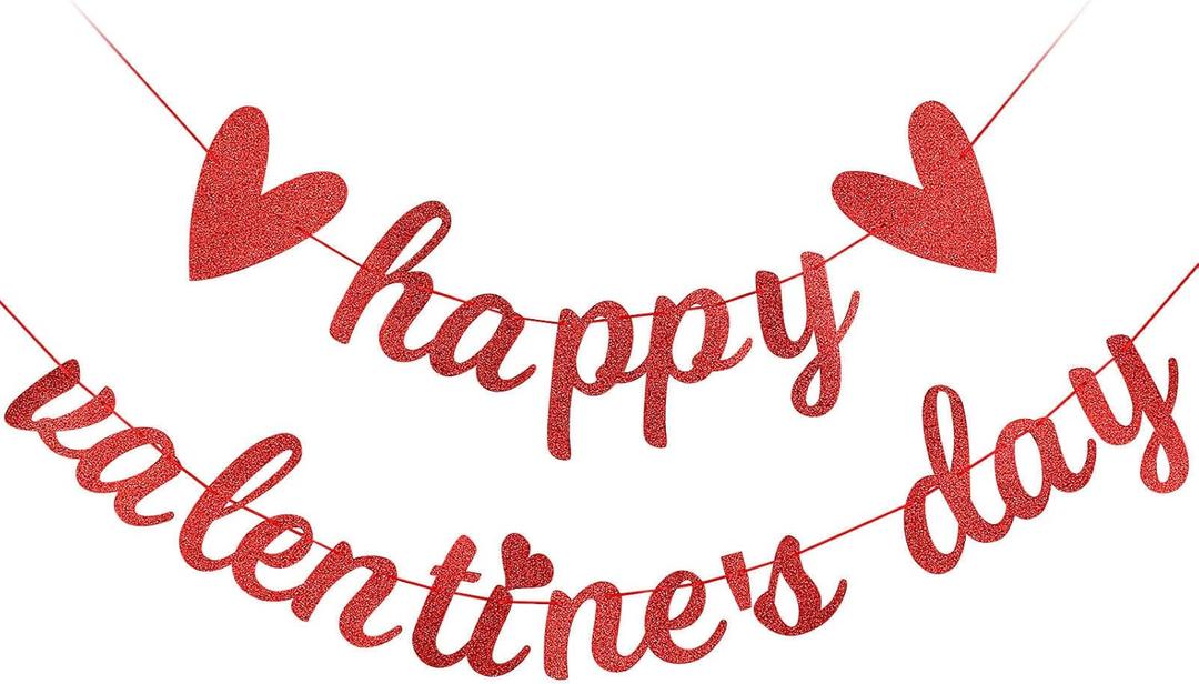 Red Glitter Happy Valentines Day Banner Valentine's Day Banner Valentines Banner Decorations for Happy Valentines Day Party Decorations