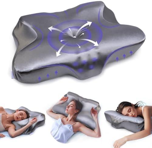 MIMCAT Pain Relief Cooling Pillow for Neck Support Adjustable Cervical Pillow Side Sleeping Memory Foam with Super Soft and Cooling Satin Pillowcase Grey